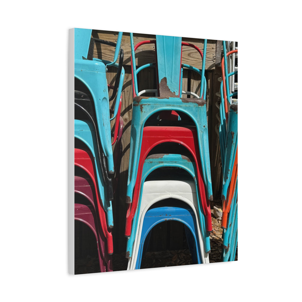 Stacked Metal Chairs Canvas Print — Colorful Retro Seating Wall Art
