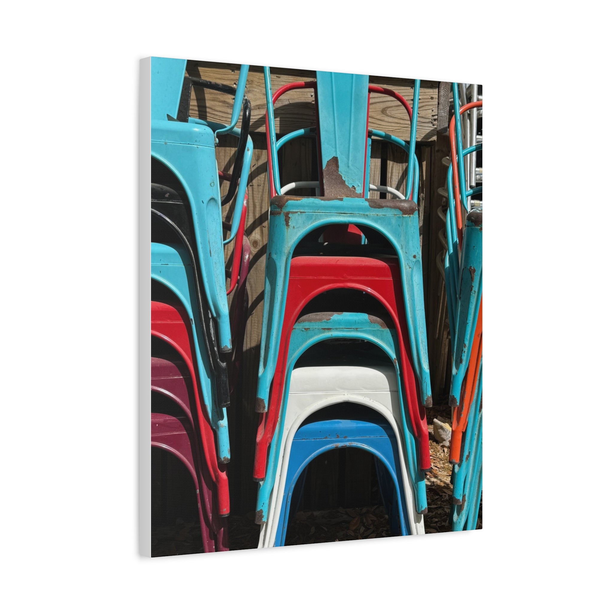 Stacked Metal Chairs Canvas Print — Colorful Retro Seating Wall Art