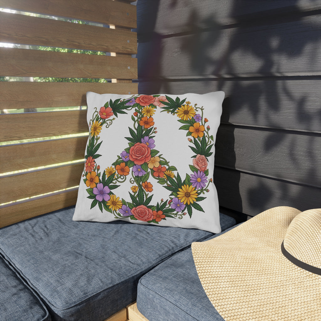 Floral Peace Sign Outdoor Pillow — Boho Garden Cushion for Patio & Porch