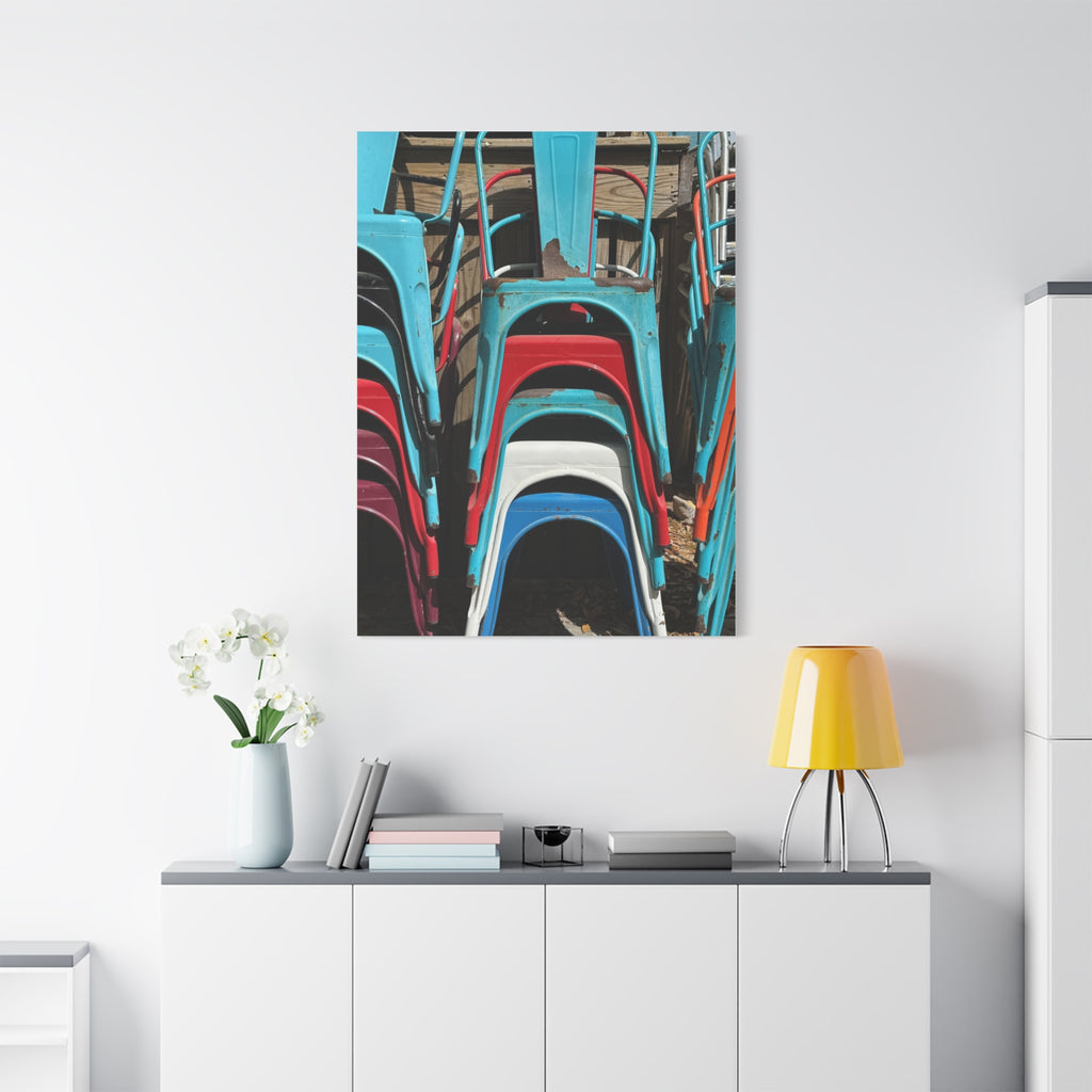Stacked Metal Chairs Canvas Print — Colorful Retro Seating Wall Art