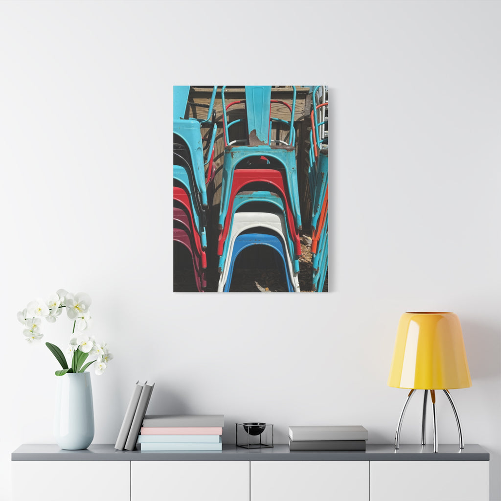Stacked Metal Chairs Canvas Print — Colorful Retro Seating Wall Art