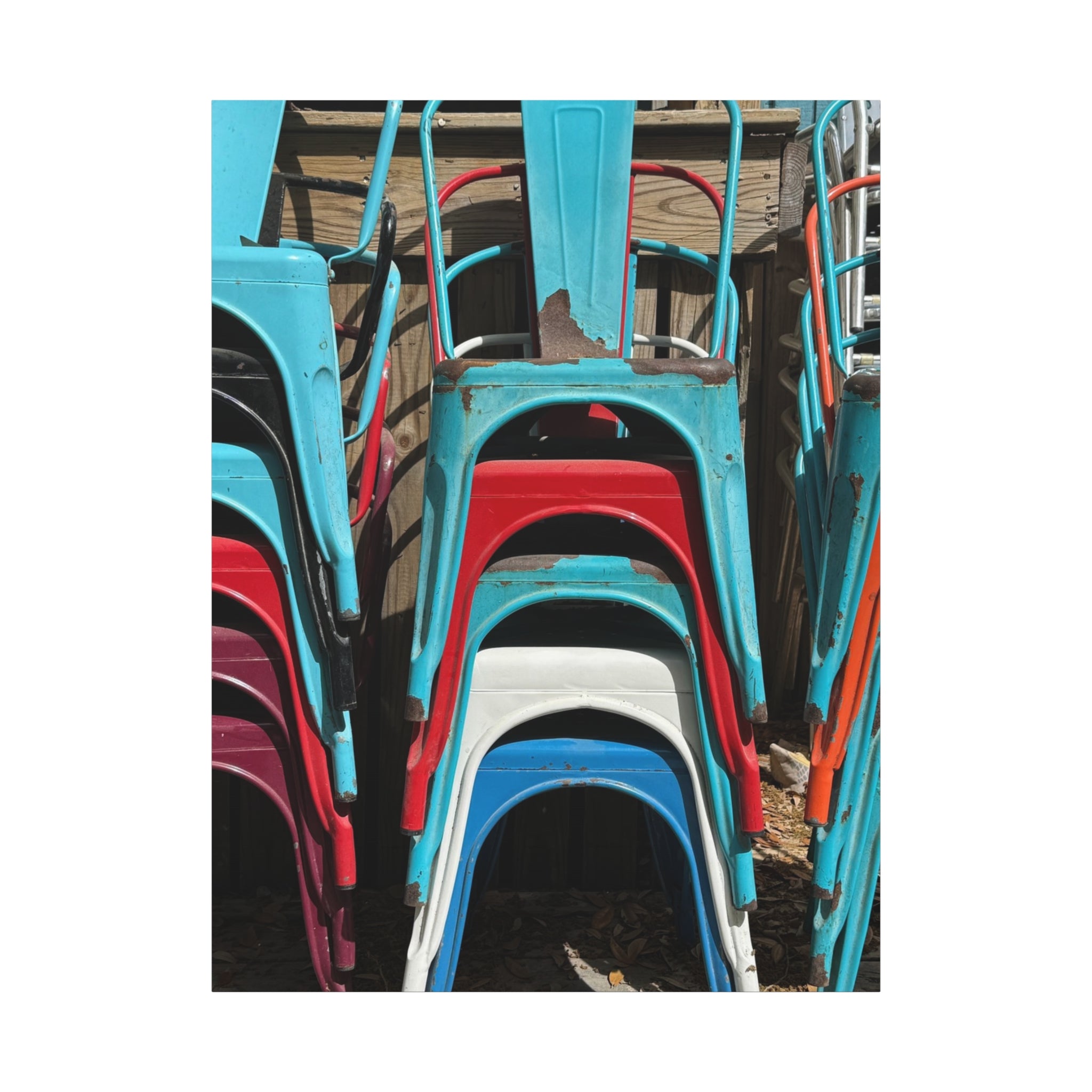 Stacked Metal Chairs Canvas Print — Colorful Retro Seating Wall Art