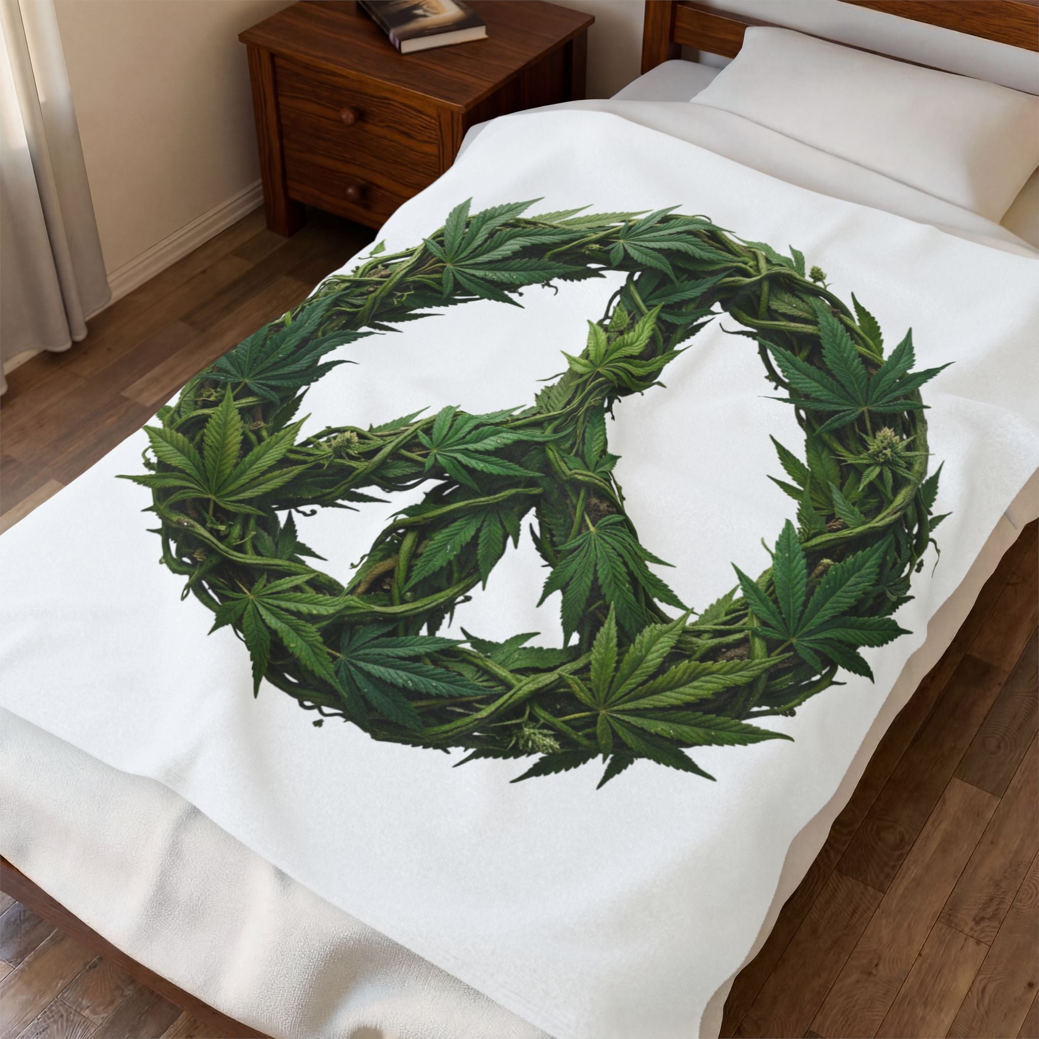 Marijuana Leaf Peace Sign Velveteen Plush Blanket — Cozy Cannabis-Themed Throw