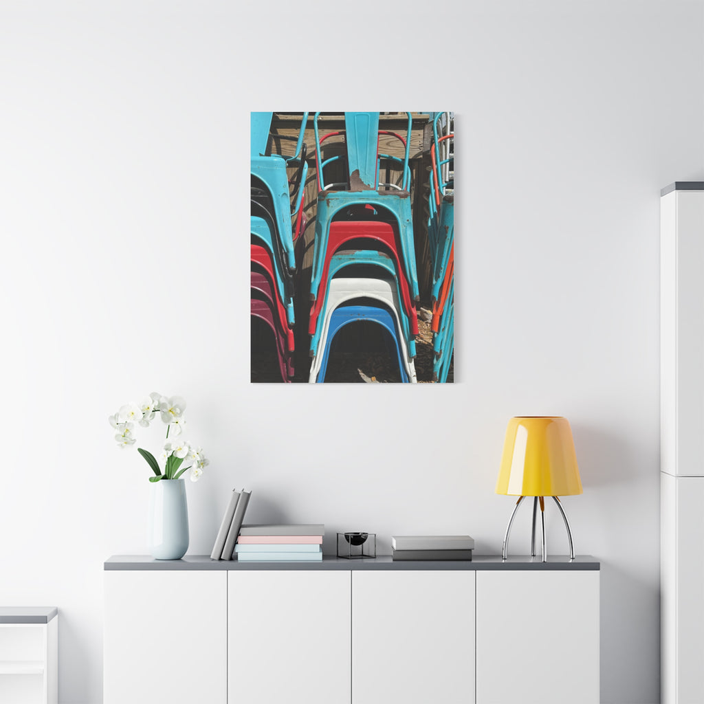 Stacked Metal Chairs Canvas Print — Colorful Retro Seating Wall Art