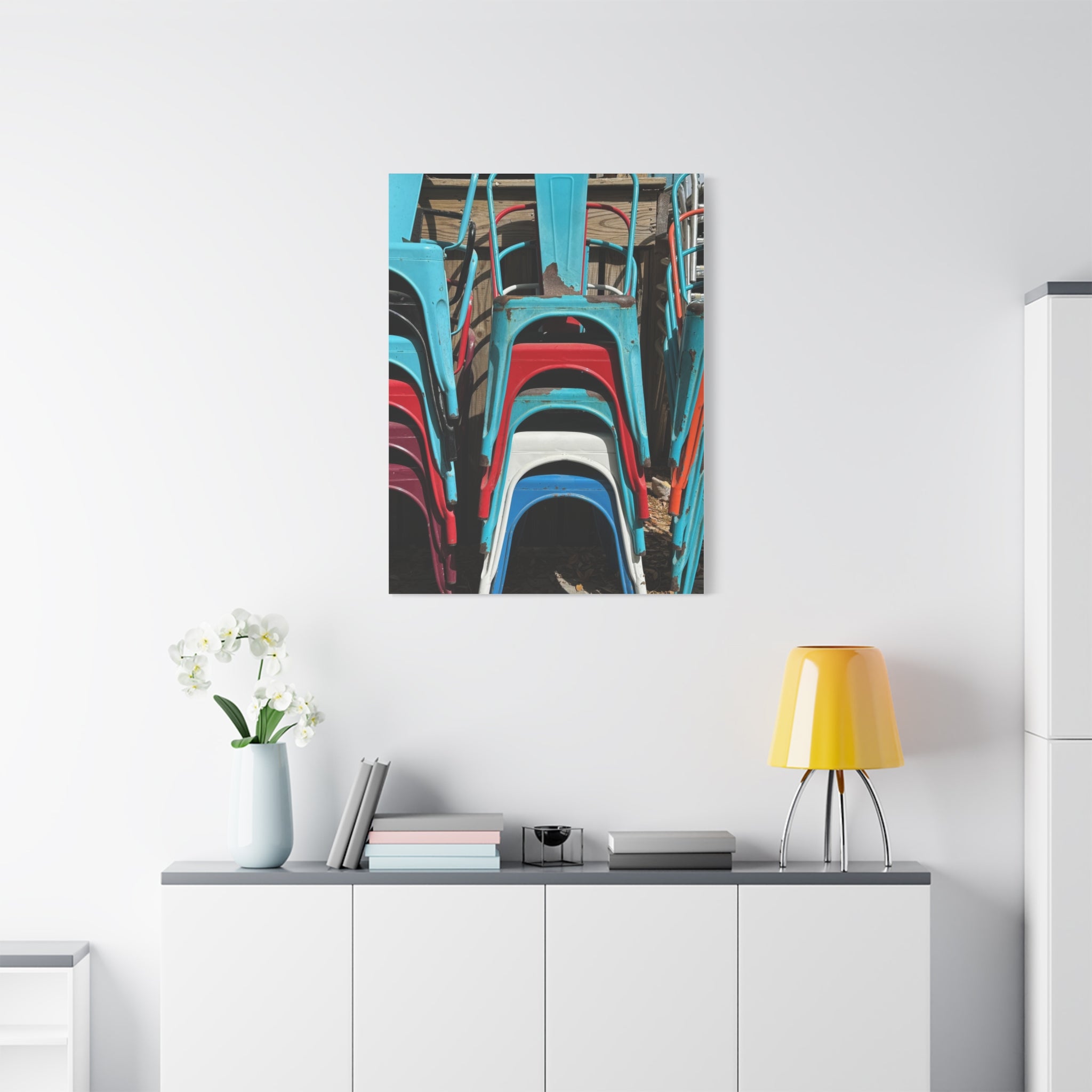 Stacked Metal Chairs Canvas Print — Colorful Retro Seating Wall Art