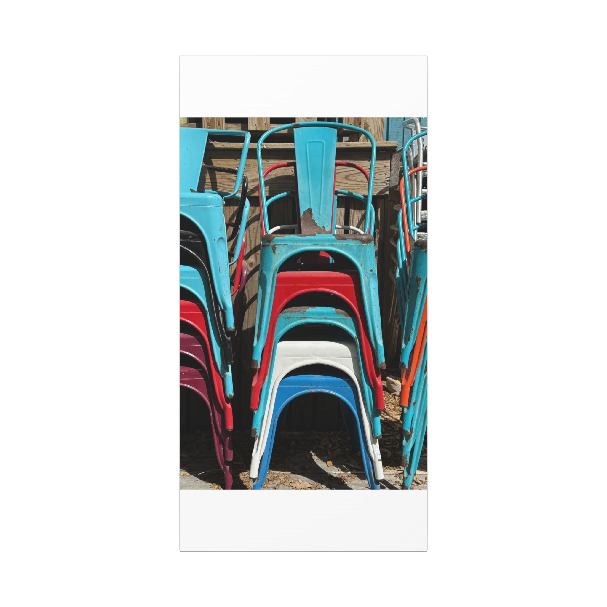 Stacked Metal Chairs Canvas Print — Colorful Retro Seating Wall Art