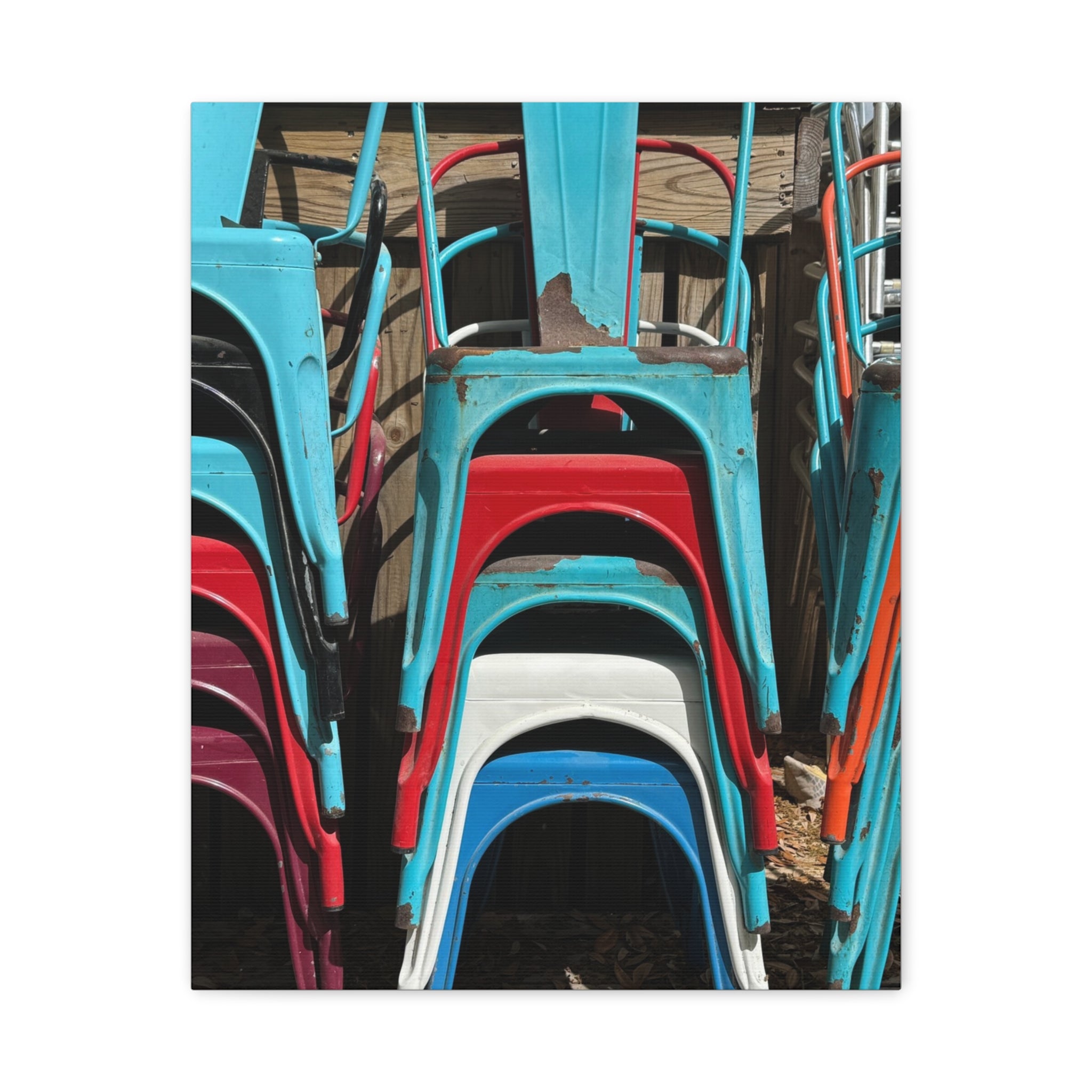 Stacked Metal Chairs Canvas Print — Colorful Retro Seating Wall Art