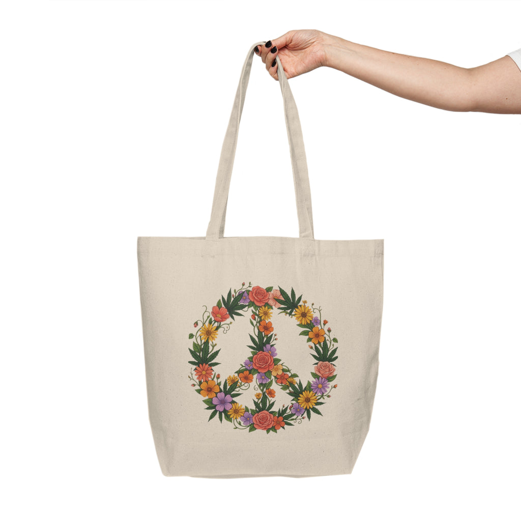 Floral Peace Sign Canvas Tote — Boho Flower Market Bag