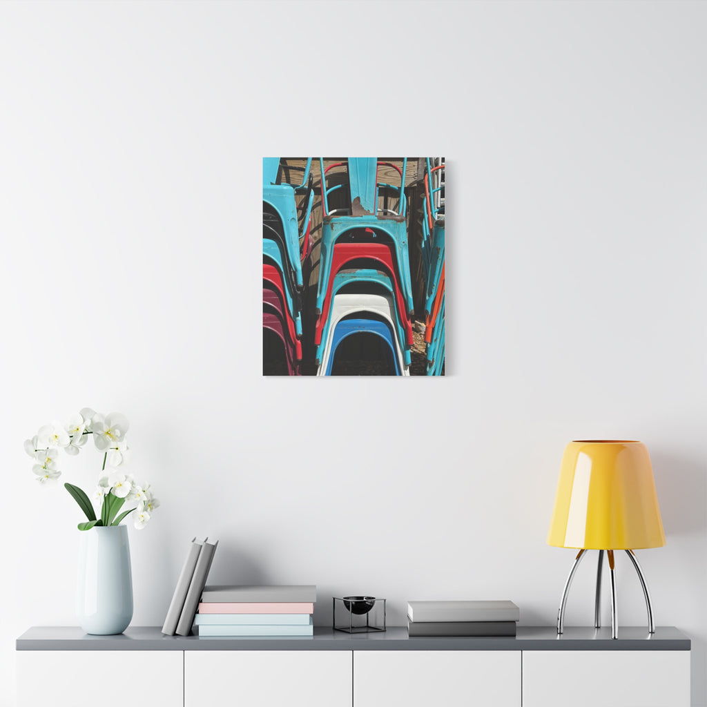 Stacked Metal Chairs Canvas Print — Colorful Retro Seating Wall Art