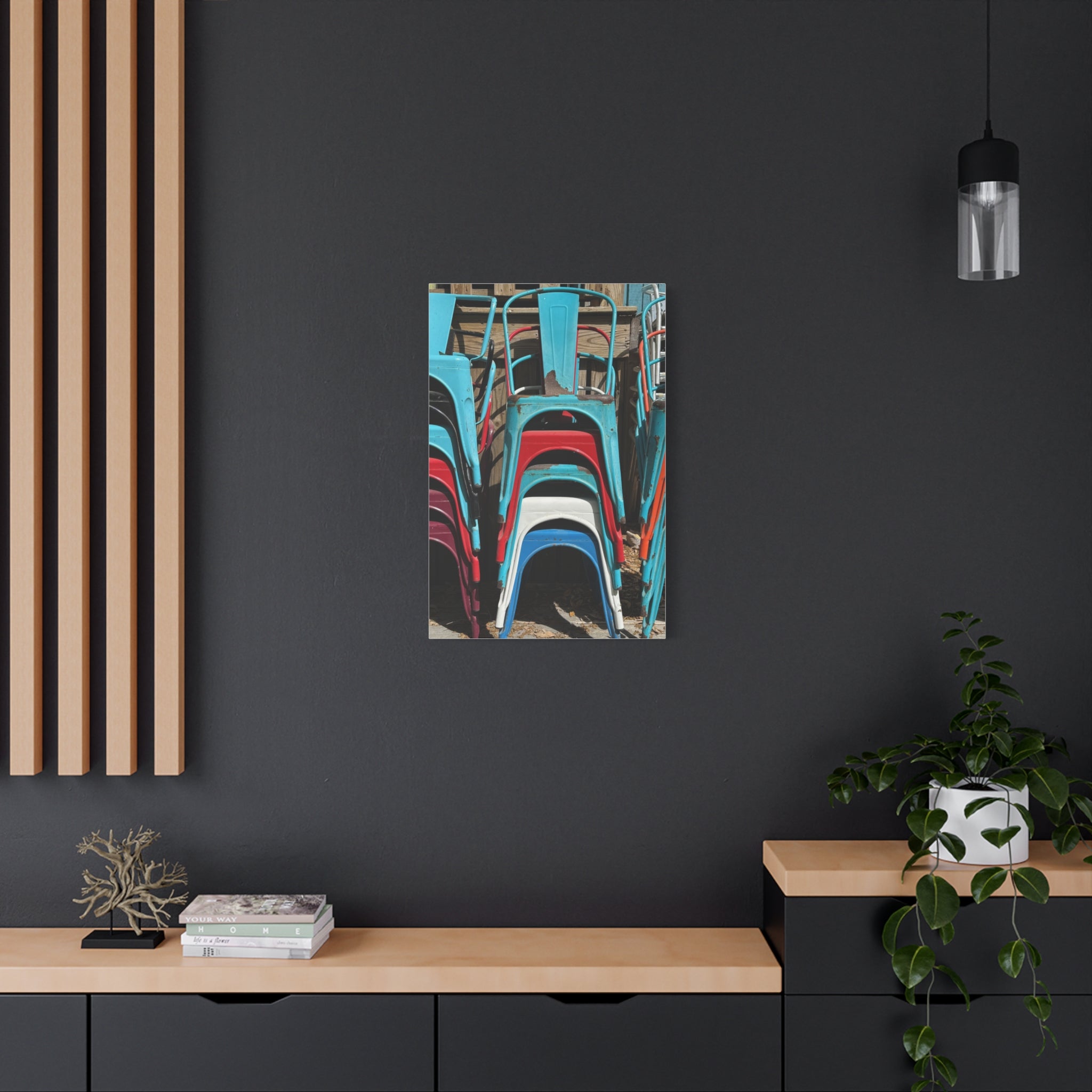 Stacked Metal Chairs Canvas Print — Colorful Retro Seating Wall Art
