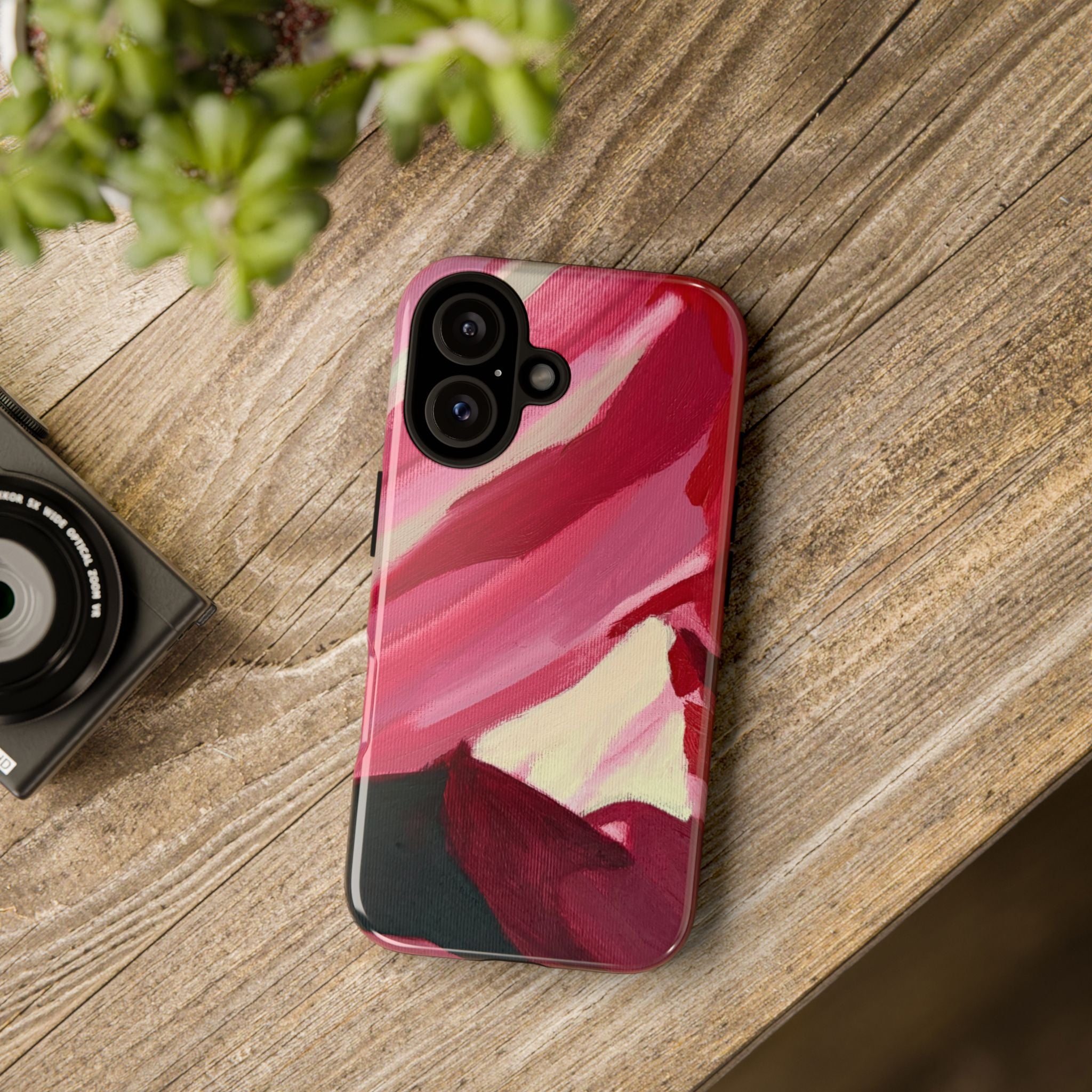 Floral Abstract Tough Phone Case — Pink Red Brushstroke Protective Cover
