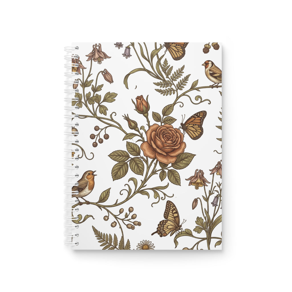 Floral Vintage Rose Spiral Notebook — Botanical Birds & Butterflies Journal