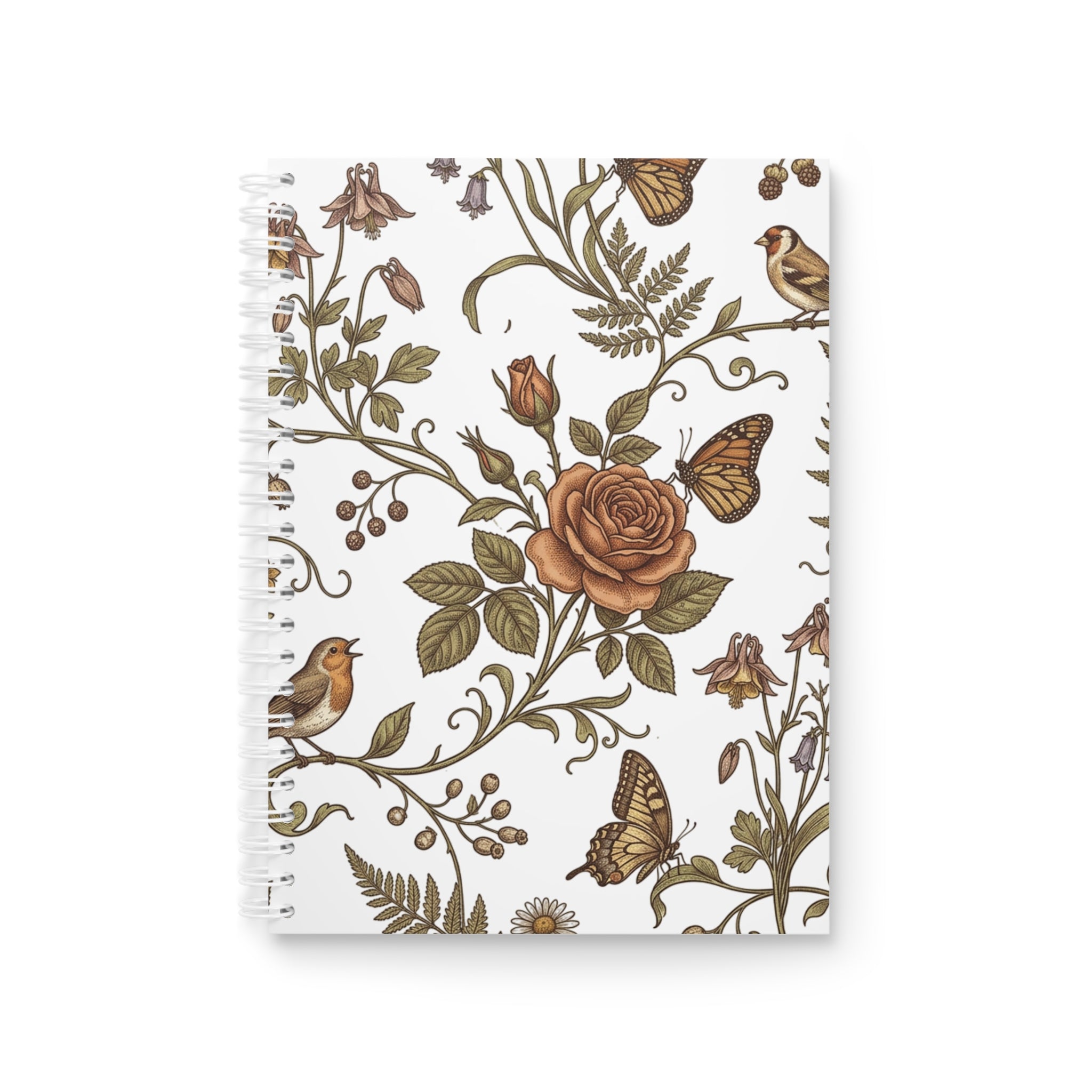 Floral Vintage Rose Spiral Notebook — Botanical Birds & Butterflies Journal
