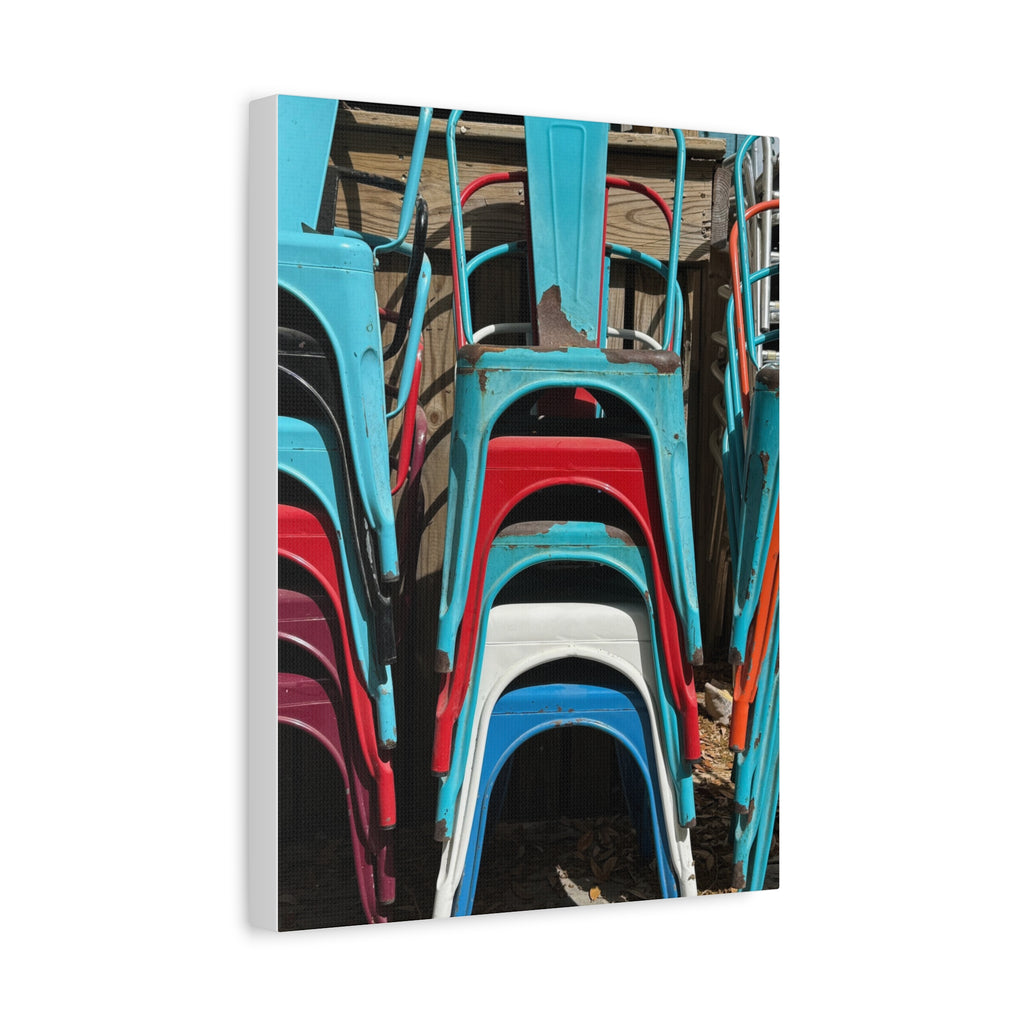 Stacked Metal Chairs Canvas Print — Colorful Retro Seating Wall Art