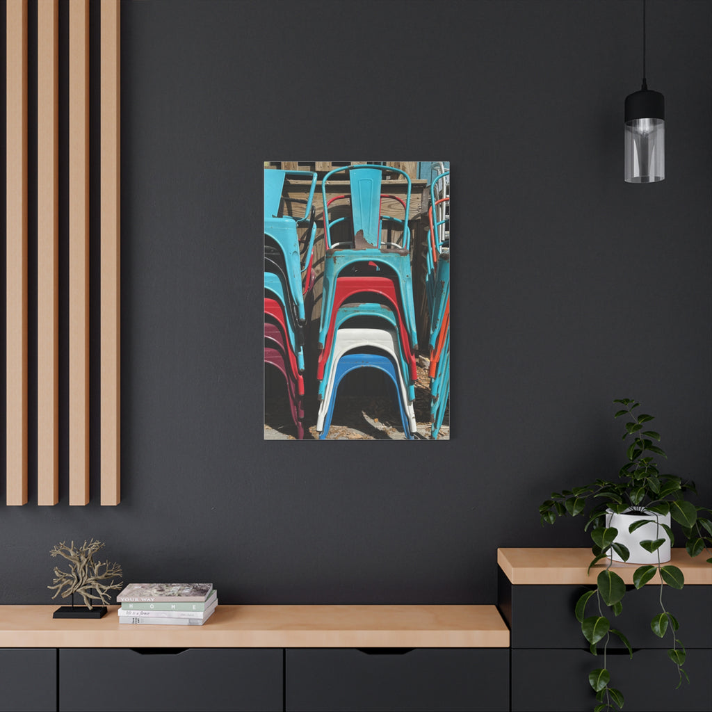 Stacked Metal Chairs Canvas Print — Colorful Retro Seating Wall Art