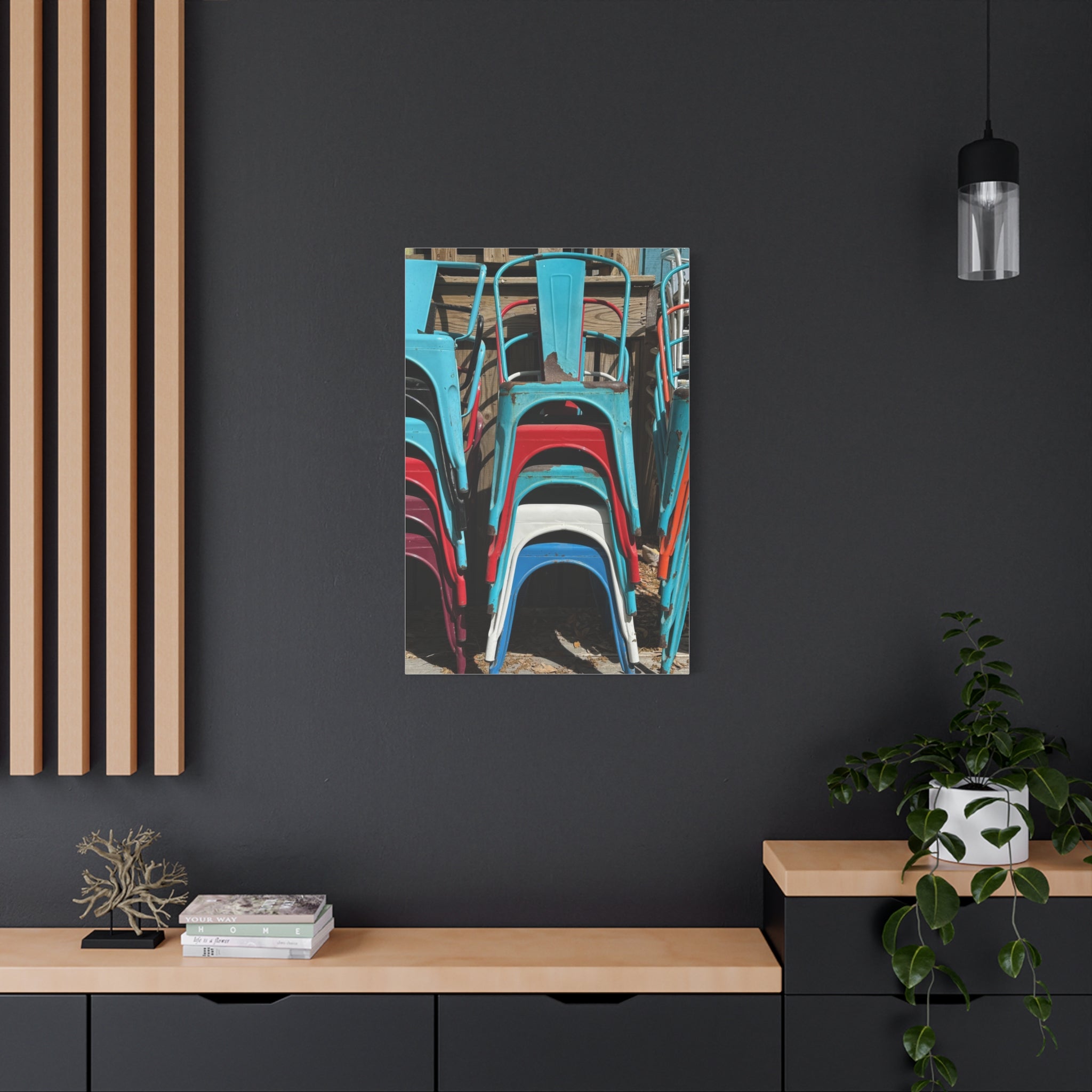 Stacked Metal Chairs Canvas Print — Colorful Retro Seating Wall Art