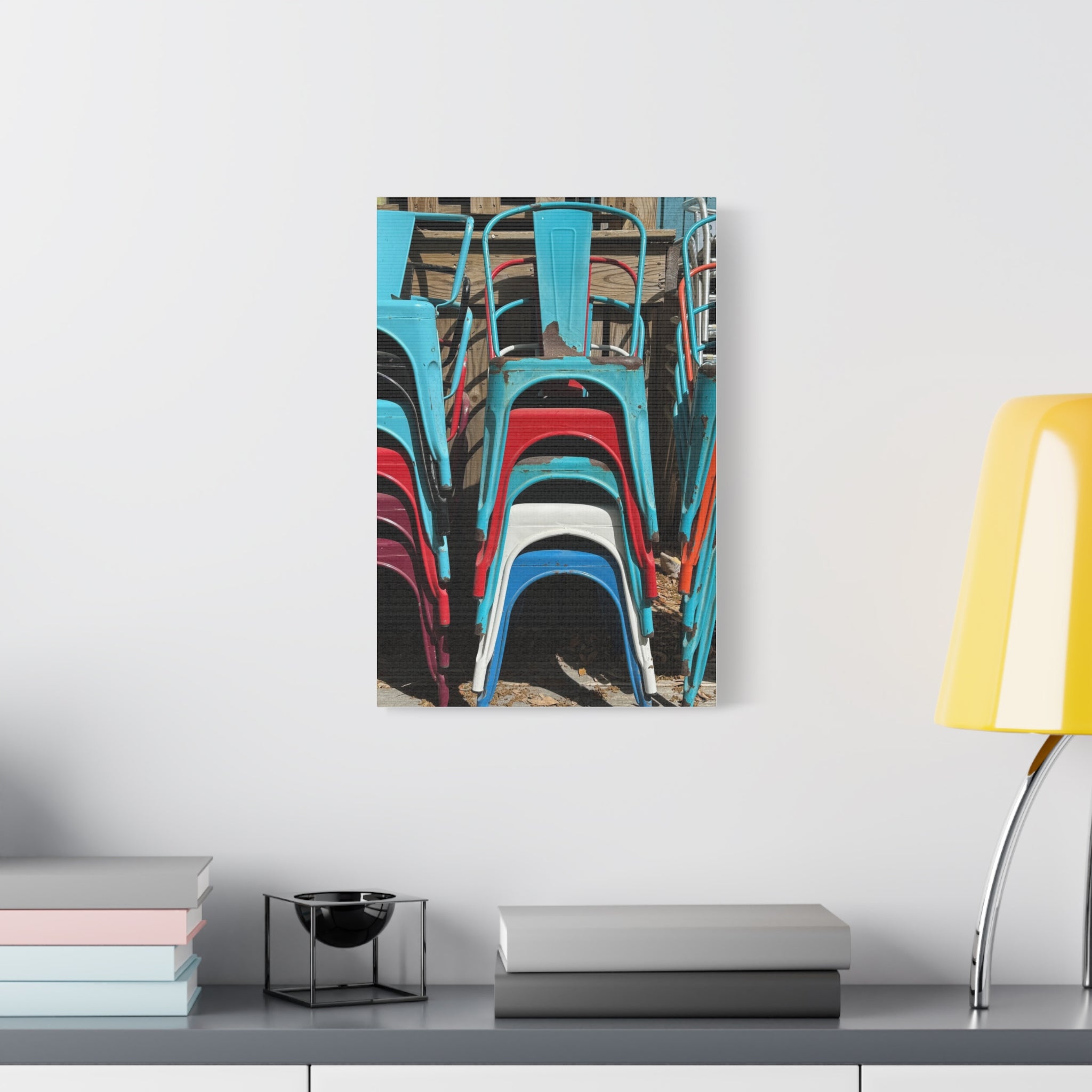Stacked Metal Chairs Canvas Print — Colorful Retro Seating Wall Art