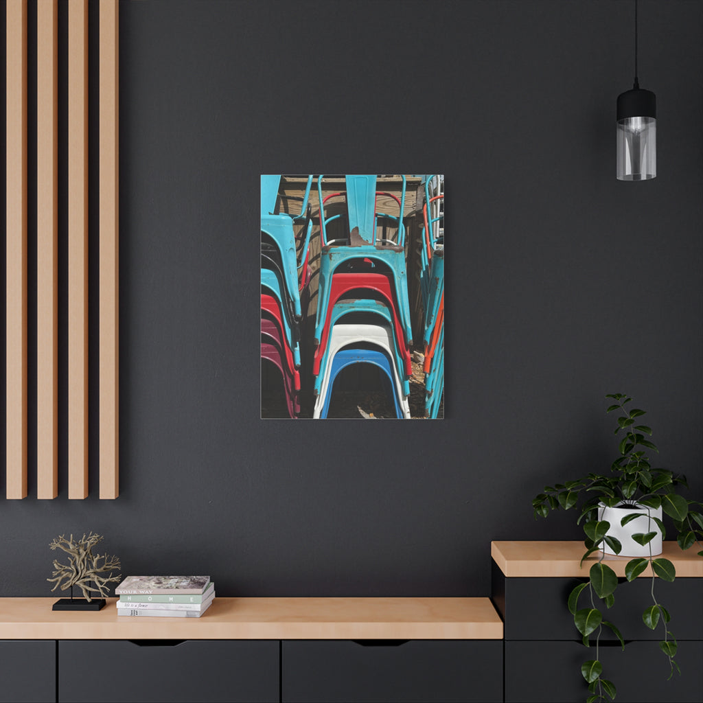 Stacked Metal Chairs Canvas Print — Colorful Retro Seating Wall Art