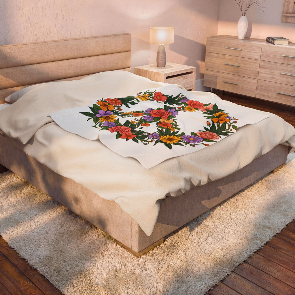 Velveteen Blanket — Floral Peace Sign Throw, Boho Flower Garden Soft Plush Blanket