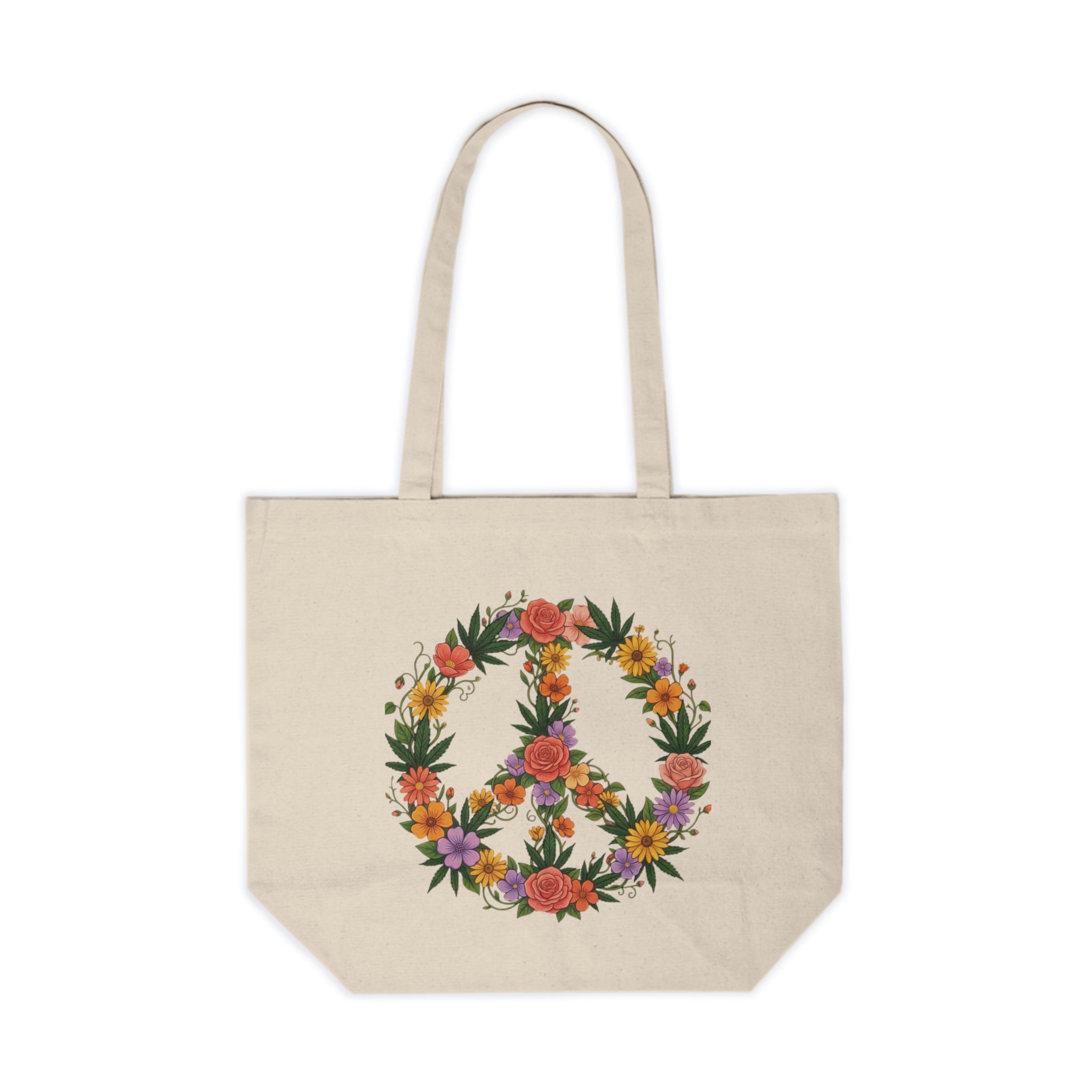 Floral Peace Sign Canvas Tote — Boho Flower Market Bag