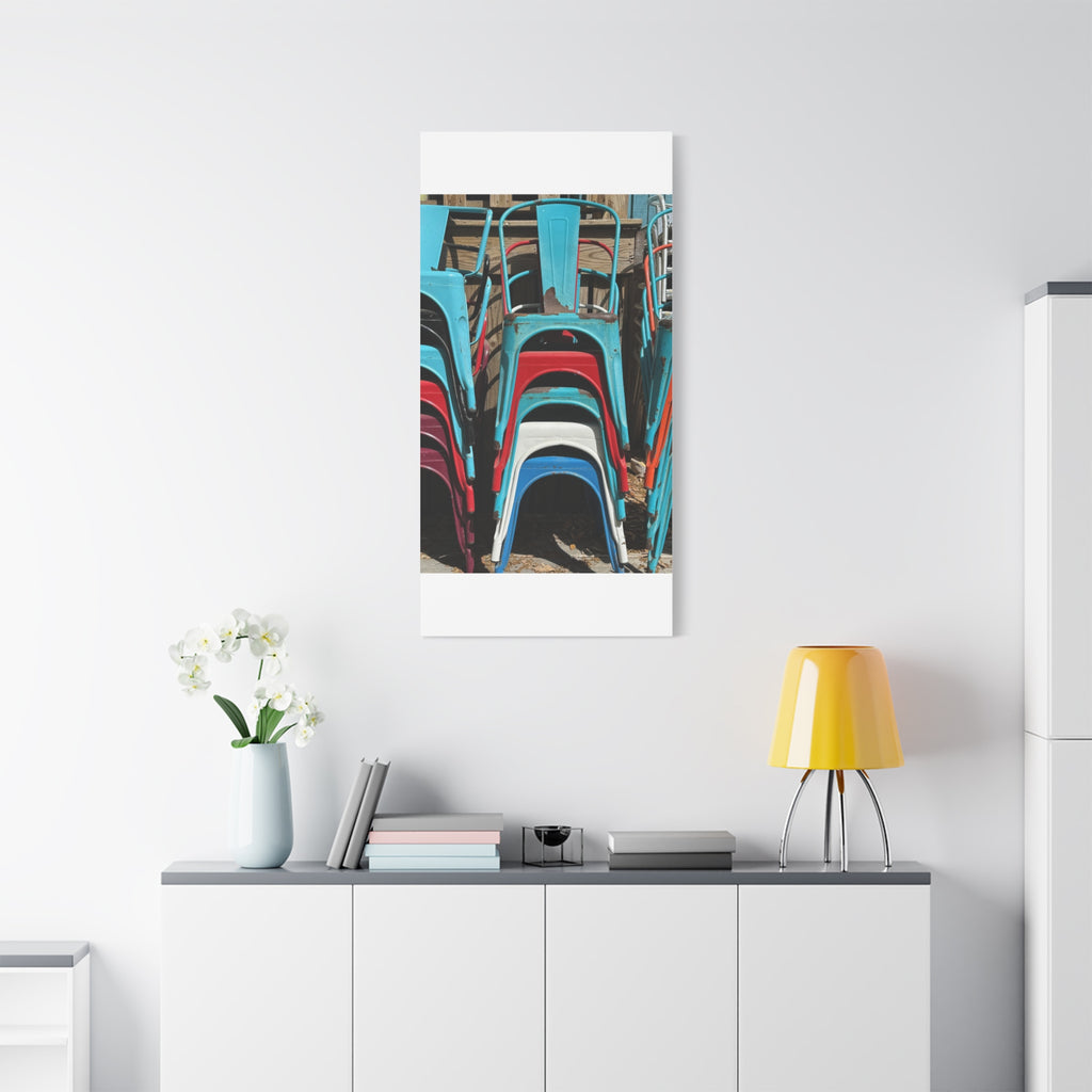 Stacked Metal Chairs Canvas Print — Colorful Retro Seating Wall Art