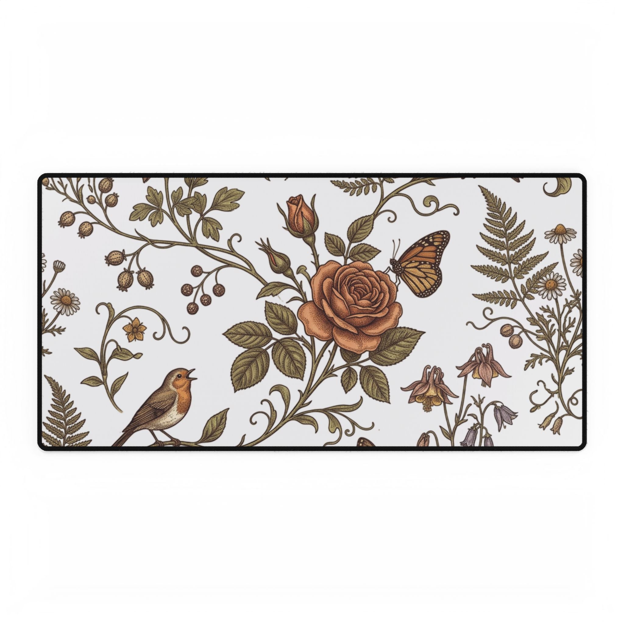 Vintage Floral Desk Mat — Rose, Bird & Butterfly Mouse Pad