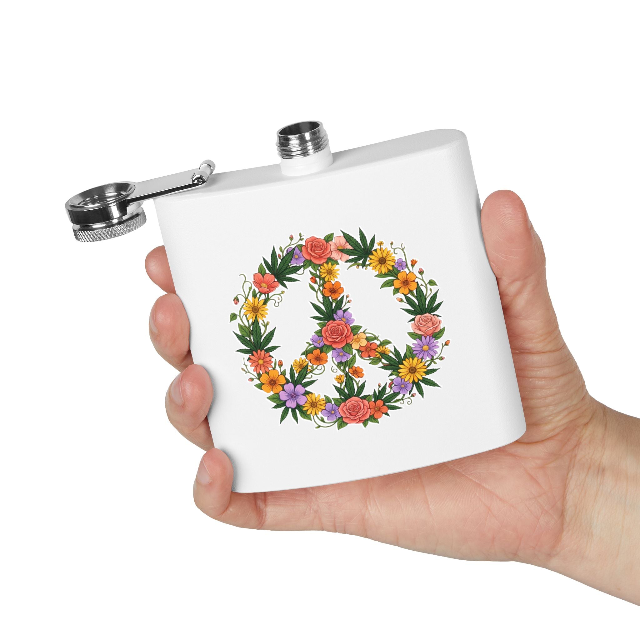 Floral Peace Sign Flask - 6oz Stainless Steel Hip Flask