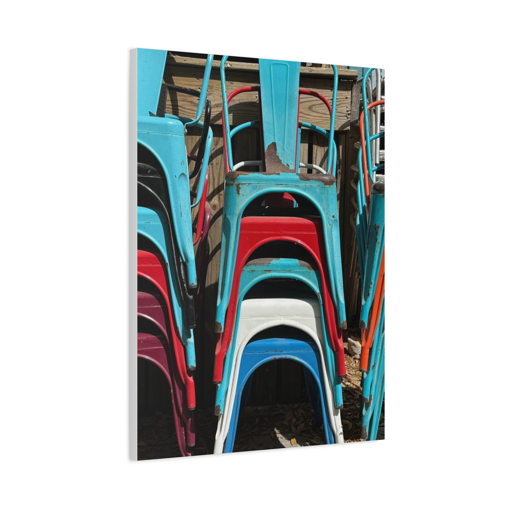 Stacked Metal Chairs Canvas Print — Colorful Retro Seating Wall Art