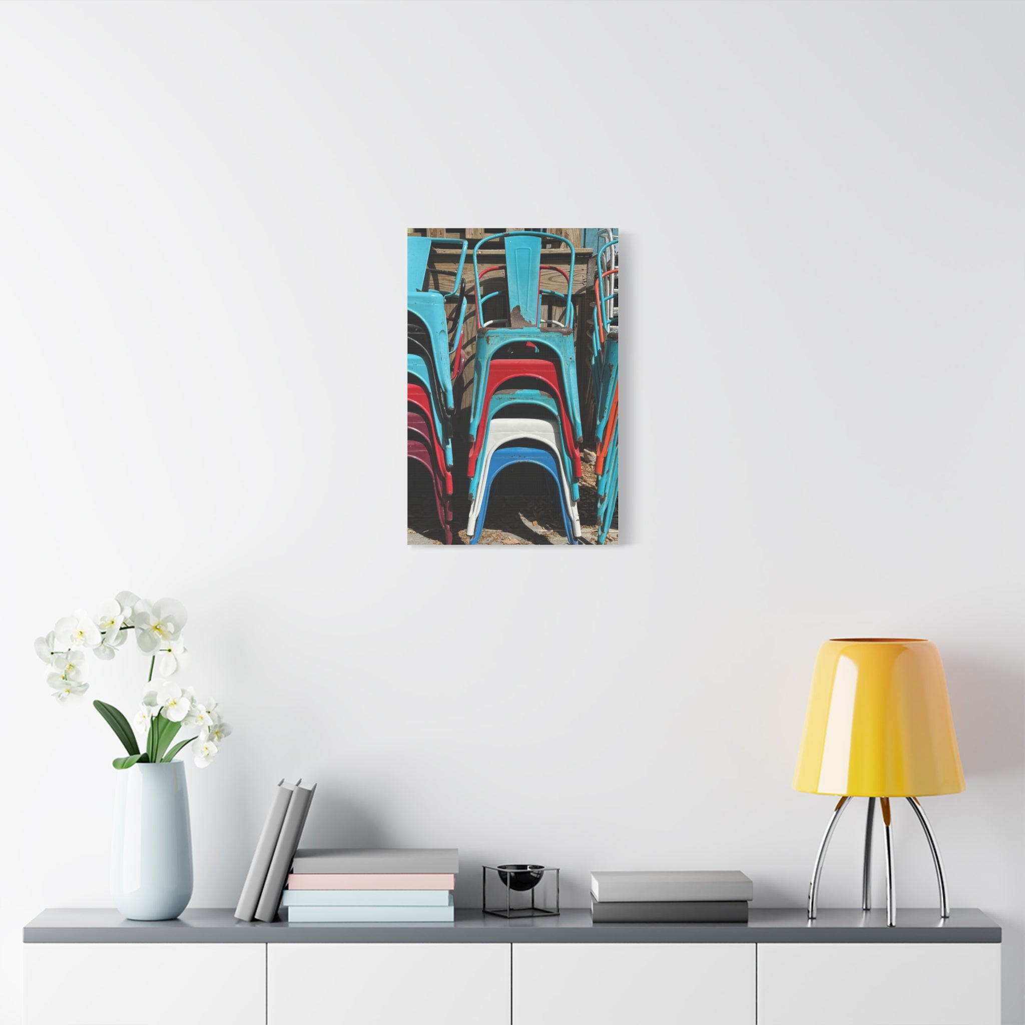 Stacked Metal Chairs Canvas Print — Colorful Retro Seating Wall Art
