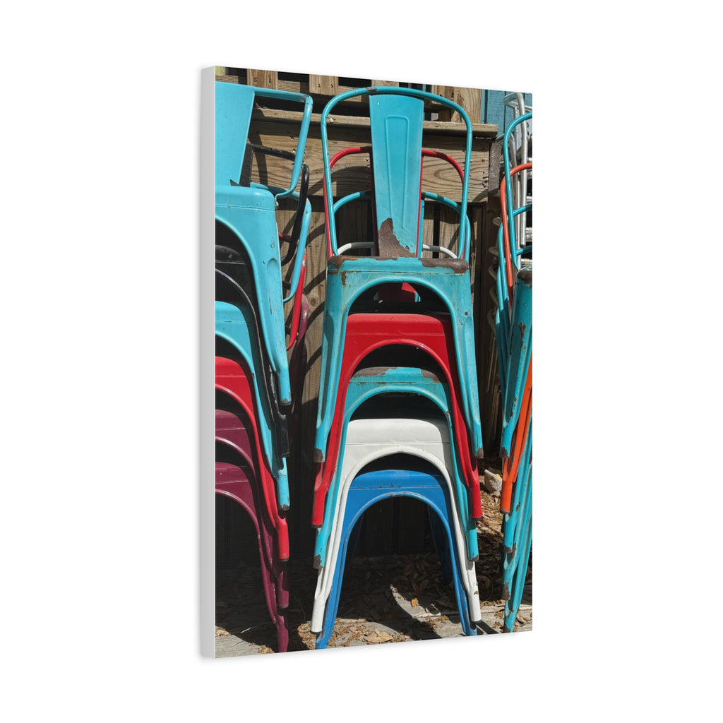 Stacked Metal Chairs Canvas Print — Colorful Retro Seating Wall Art