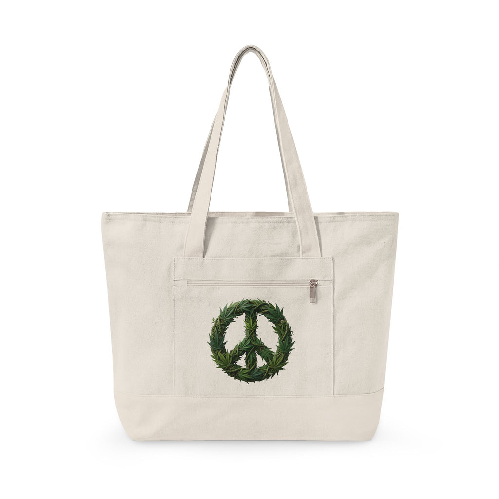 Canvas Tote Bag with Peace Wreath Design — Eco-Friendly Zippered Shoulder Tote