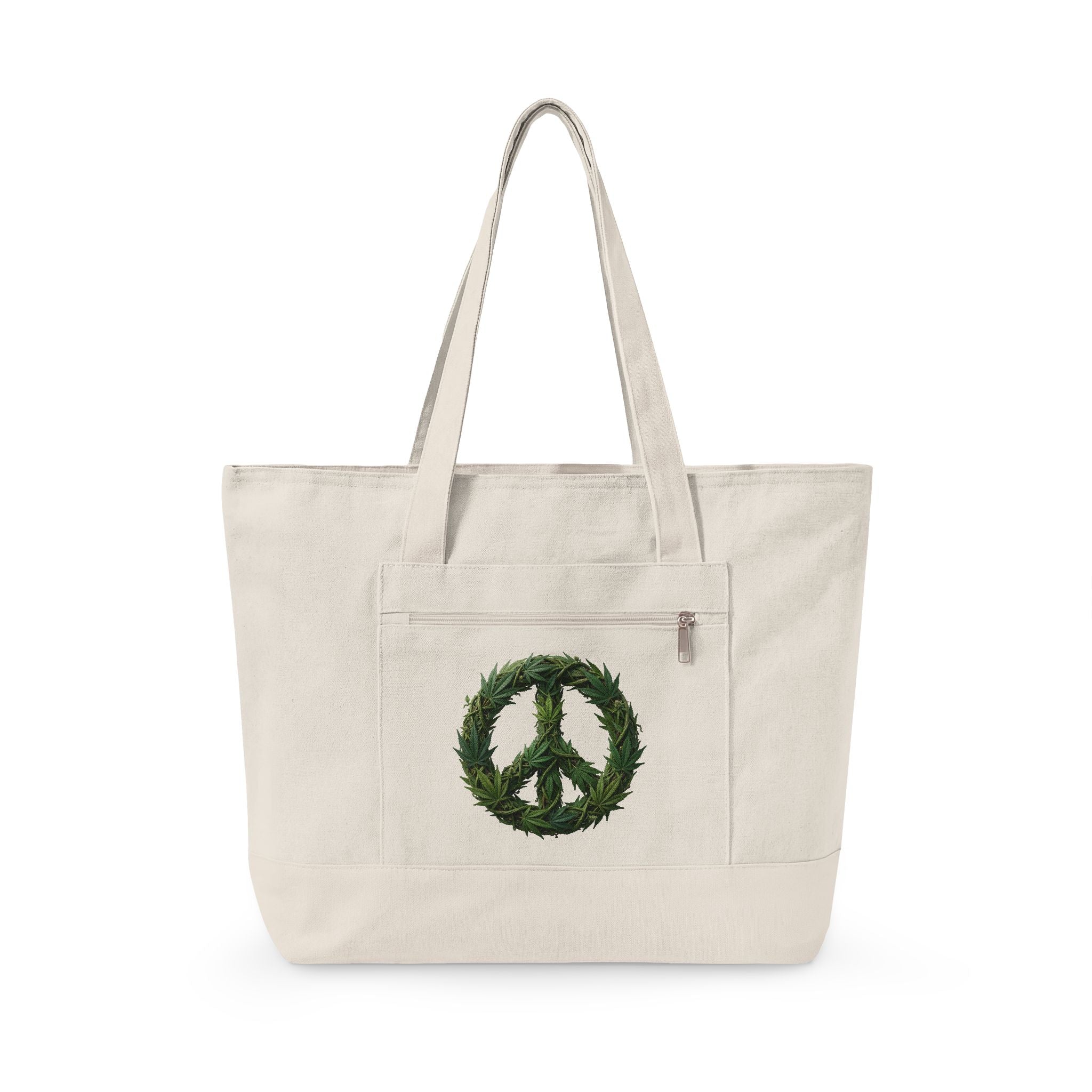 Canvas Tote Bag with Peace Wreath Design — Eco-Friendly Zippered Shoulder Tote