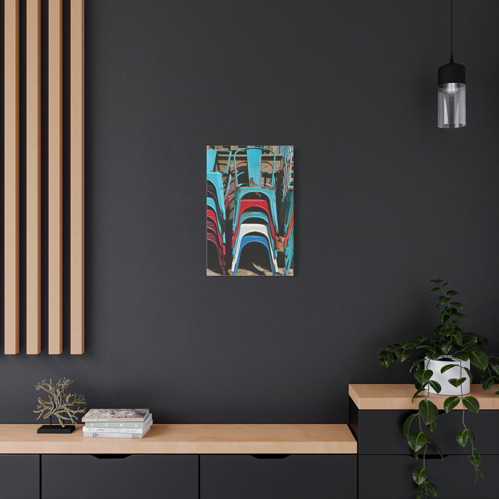 Stacked Metal Chairs Canvas Print — Colorful Retro Seating Wall Art