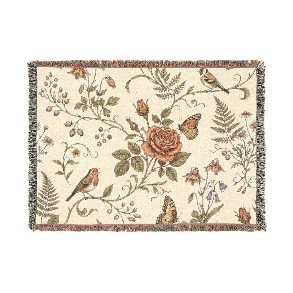 Floral Birds Woven Blanket — Vintage Rose & Butterfly Throw