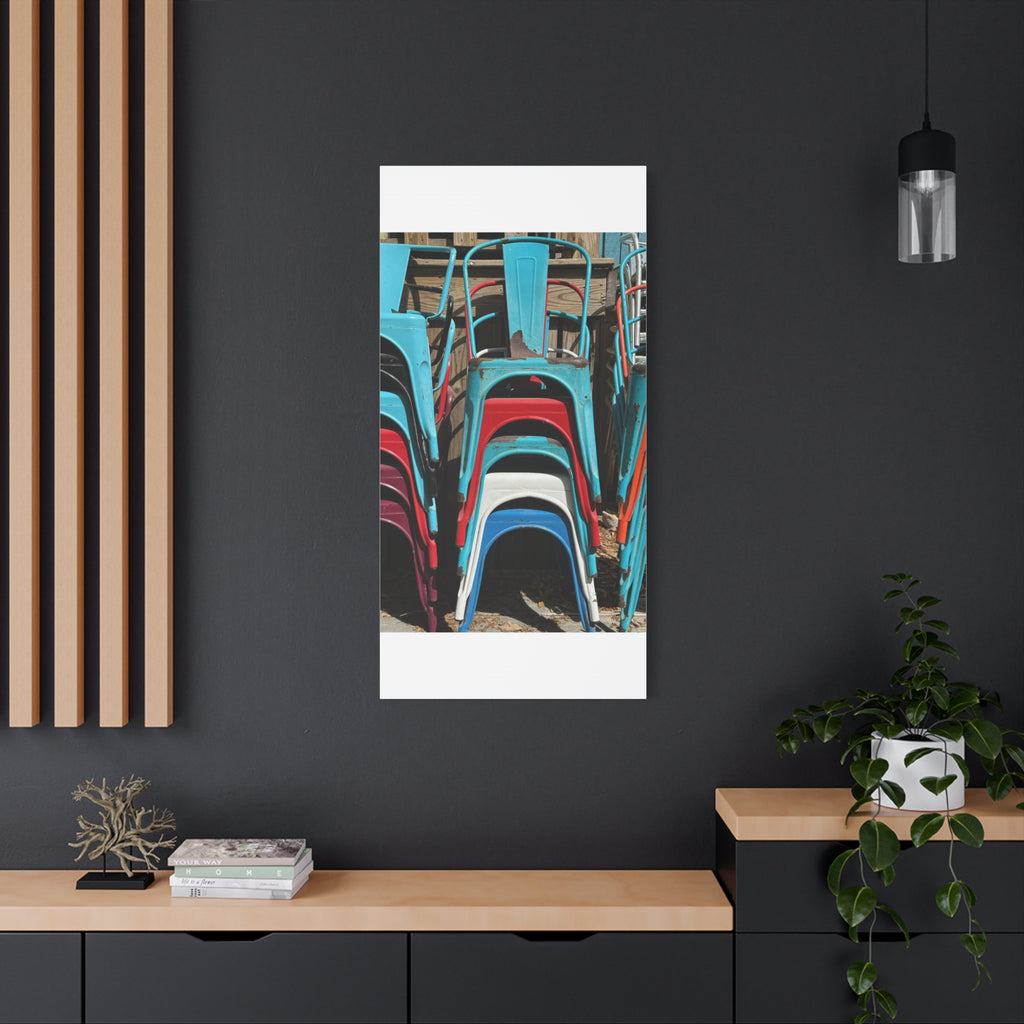 Stacked Metal Chairs Canvas Print — Colorful Retro Seating Wall Art