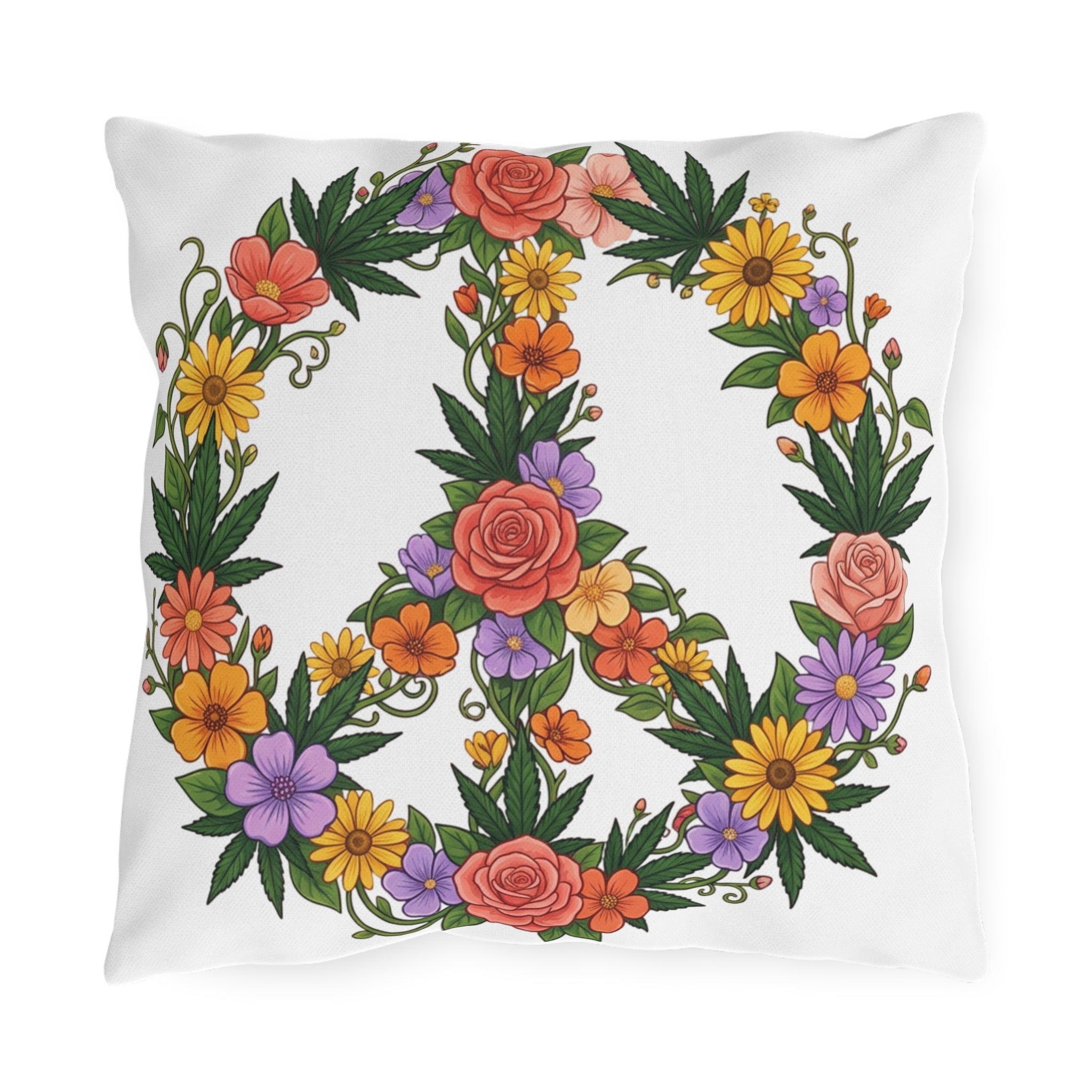 Floral Peace Sign Outdoor Pillow — Boho Garden Cushion for Patio & Porch