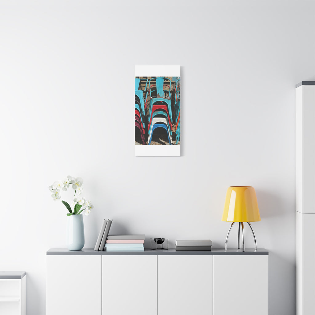 Stacked Metal Chairs Canvas Print — Colorful Retro Seating Wall Art