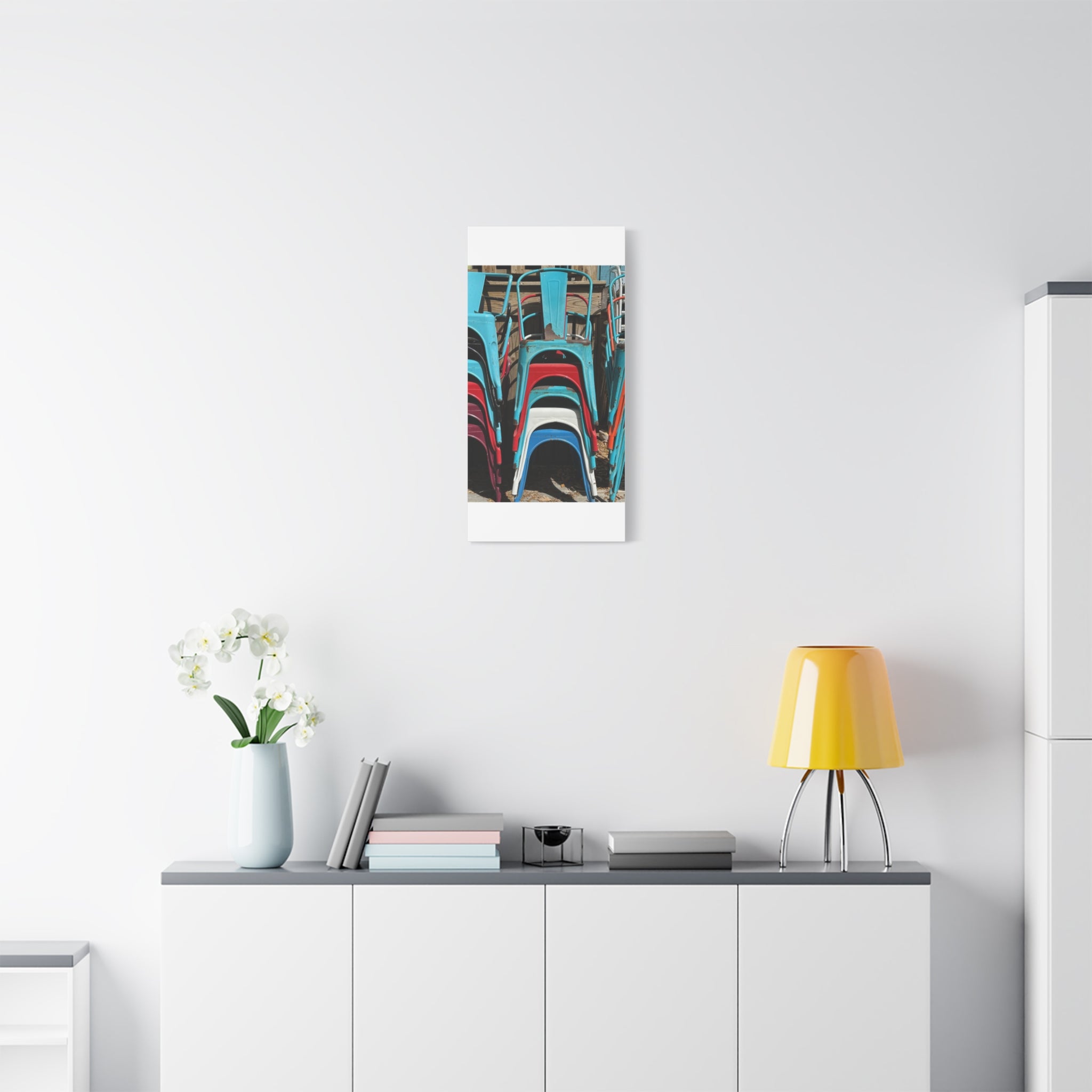 Stacked Metal Chairs Canvas Print — Colorful Retro Seating Wall Art