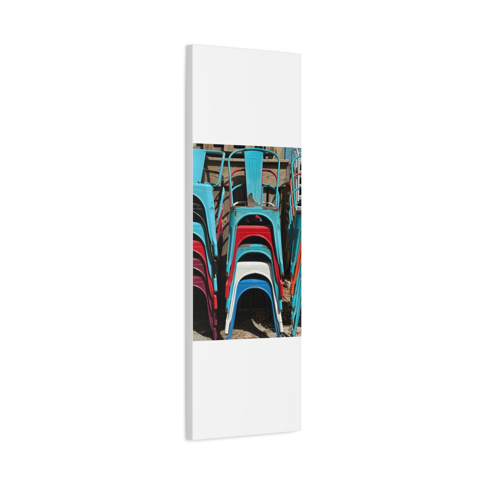 Stacked Metal Chairs Canvas Print — Colorful Retro Seating Wall Art