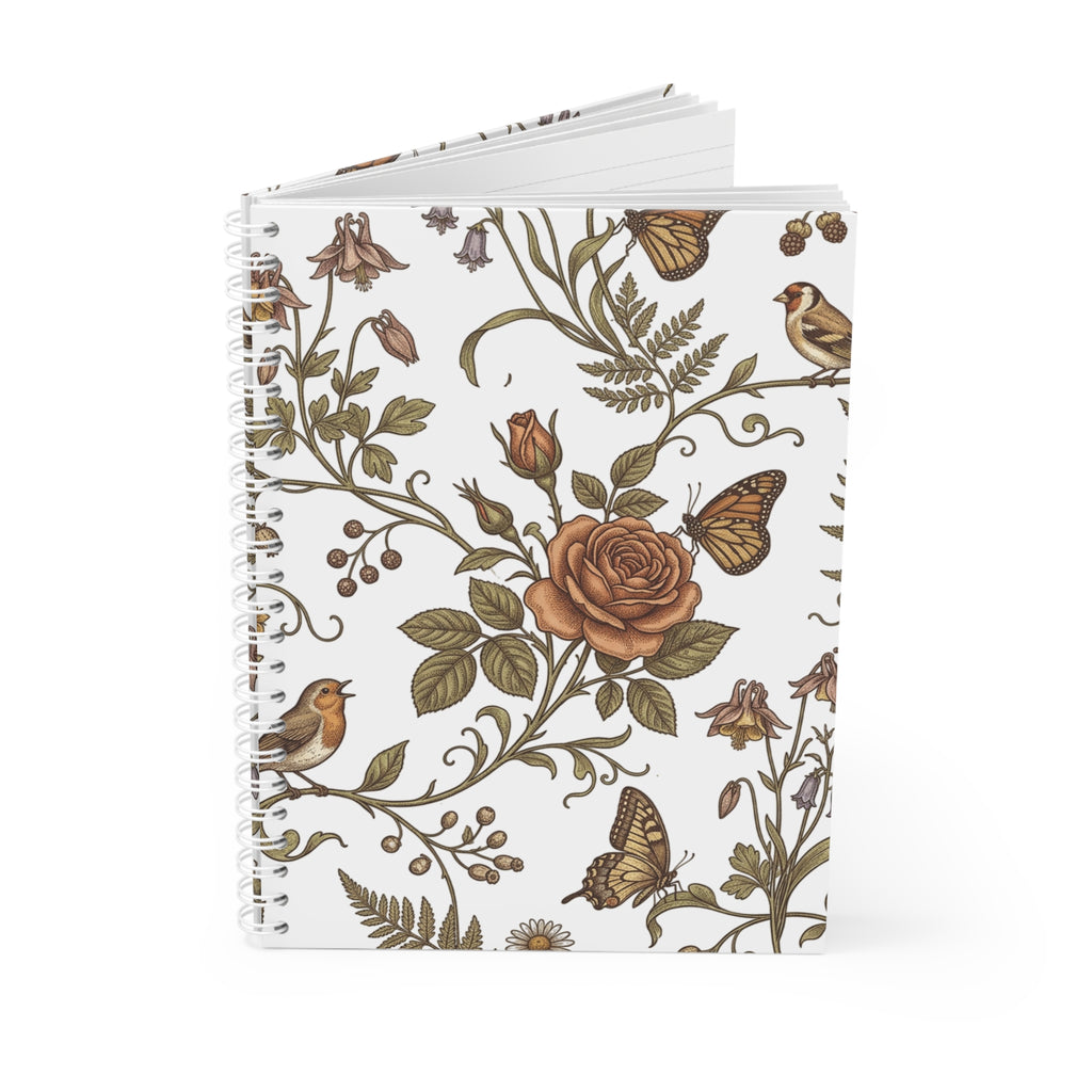 Floral Vintage Rose Spiral Notebook — Botanical Birds & Butterflies Journal