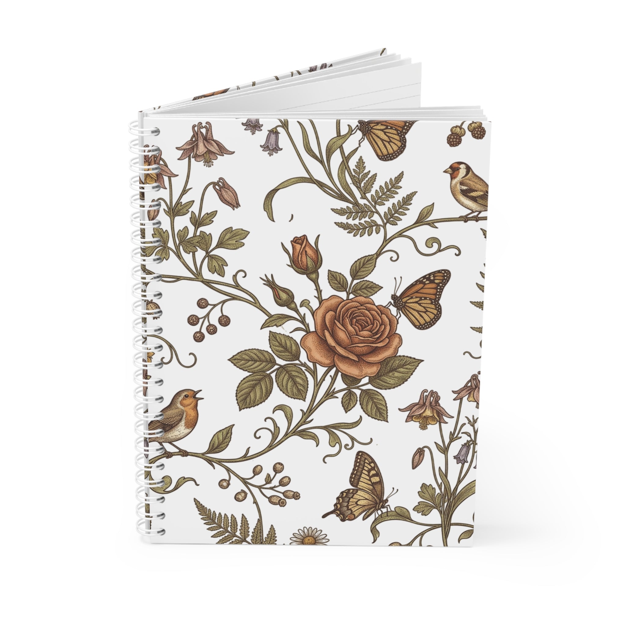 Floral Vintage Rose Spiral Notebook — Botanical Birds & Butterflies Journal