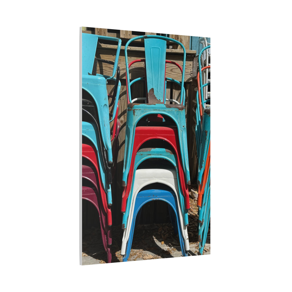 Stacked Metal Chairs Canvas Print — Colorful Retro Seating Wall Art