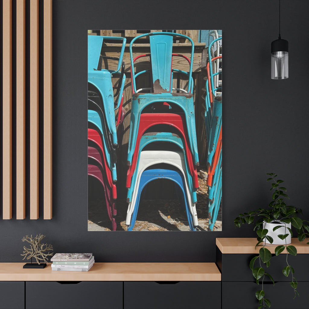 Stacked Metal Chairs Canvas Print — Colorful Retro Seating Wall Art