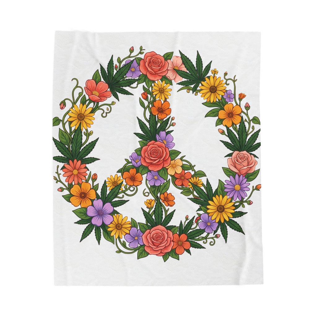 Velveteen Blanket — Floral Peace Sign Throw, Boho Flower Garden Soft Plush Blanket