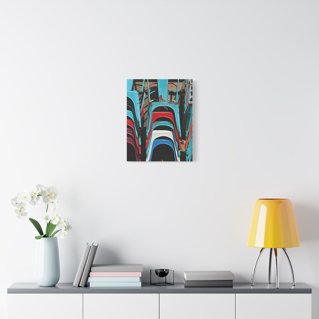 Stacked Metal Chairs Canvas Print — Colorful Retro Seating Wall Art