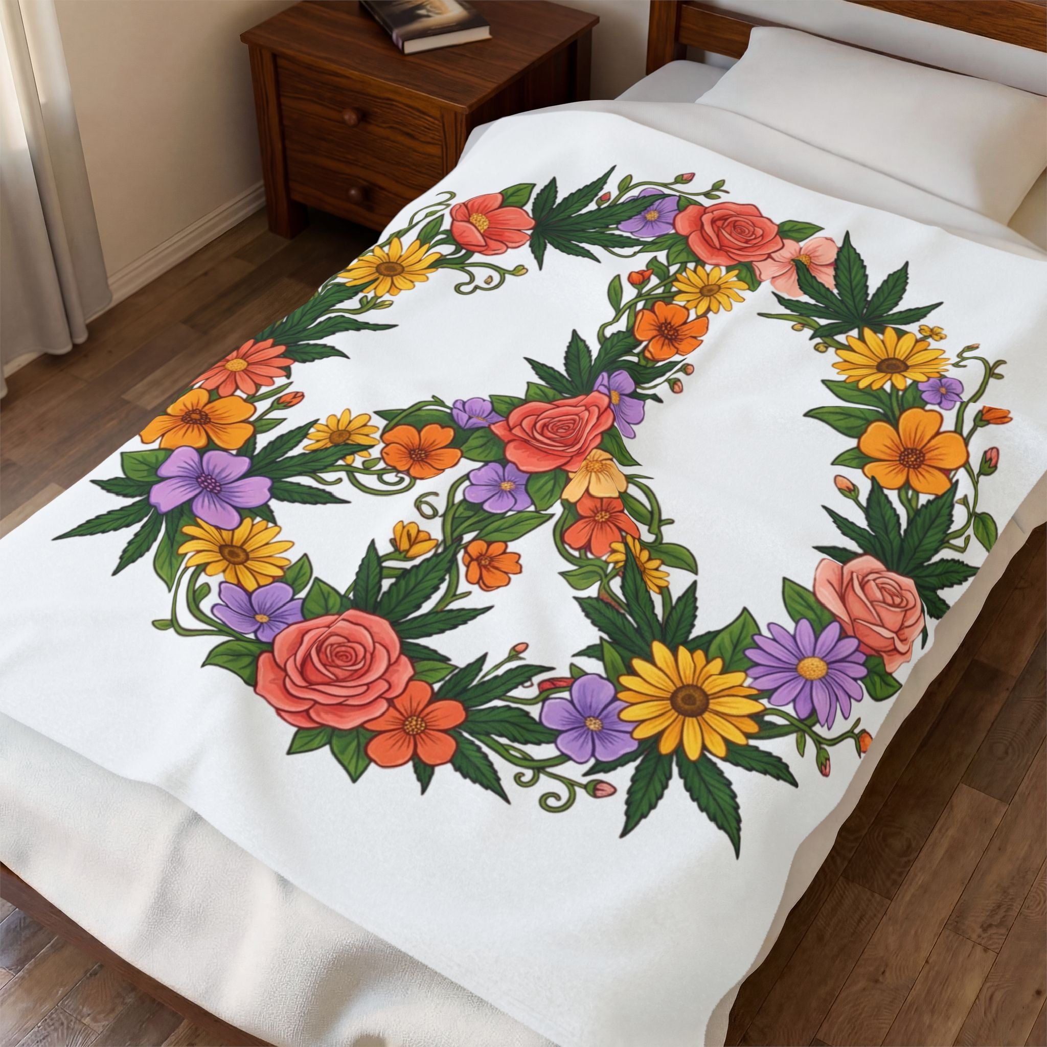 Velveteen Blanket — Floral Peace Sign Throw, Boho Flower Garden Soft Plush Blanket