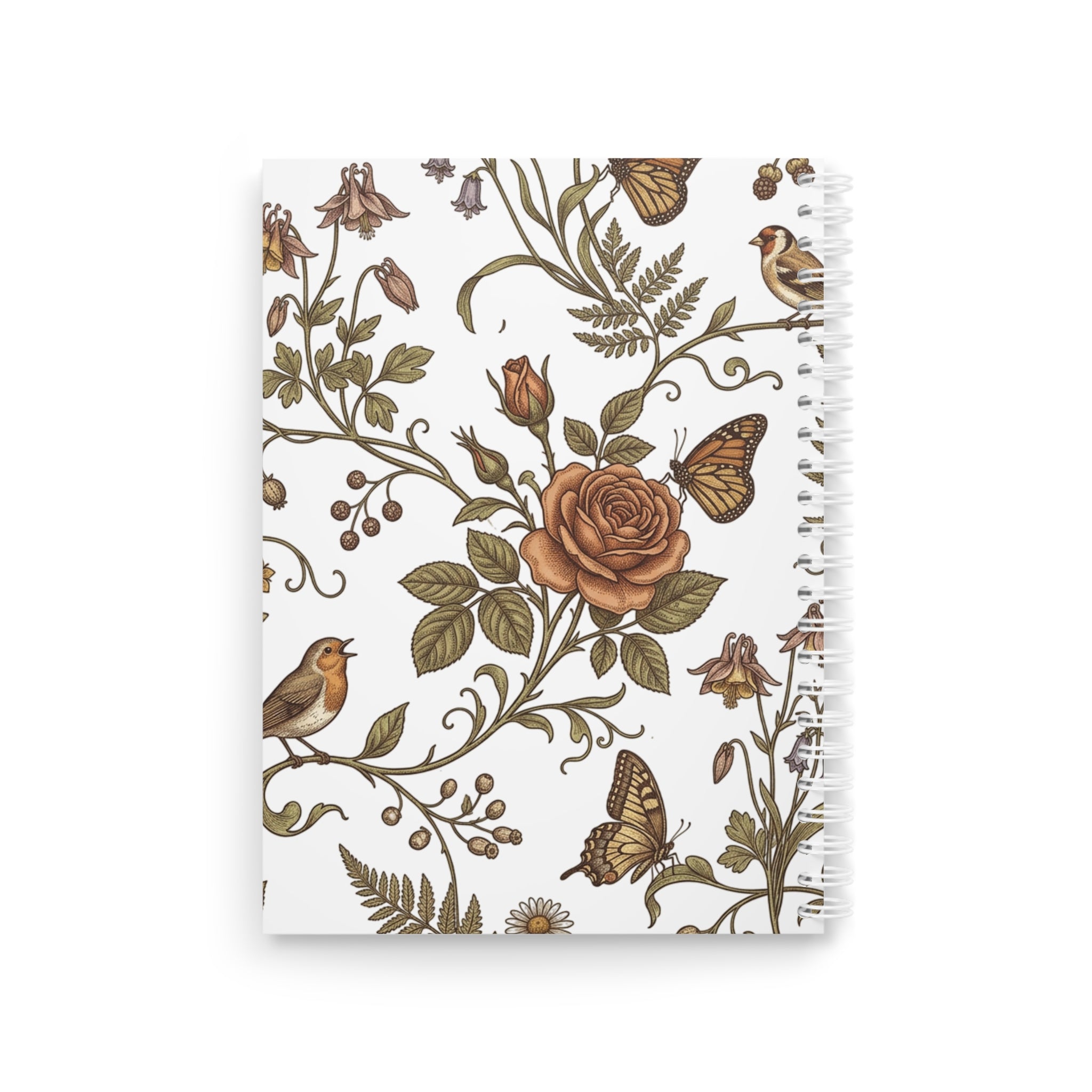 Floral Vintage Rose Spiral Notebook — Botanical Birds & Butterflies Journal