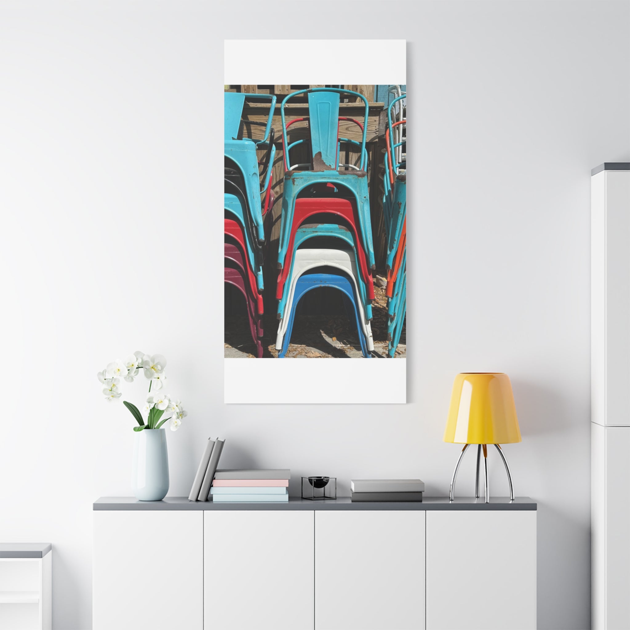 Stacked Metal Chairs Canvas Print — Colorful Retro Seating Wall Art