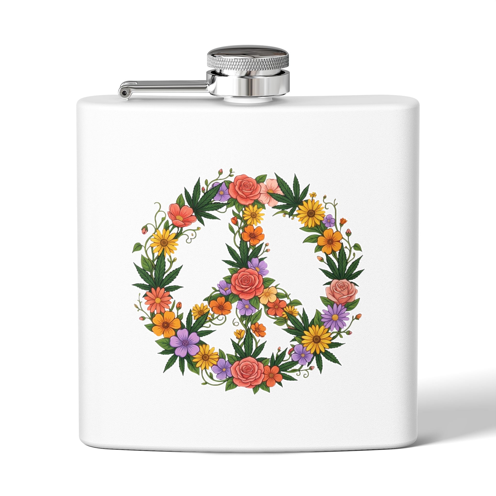 Floral Peace Sign Flask - 6oz Stainless Steel Hip Flask