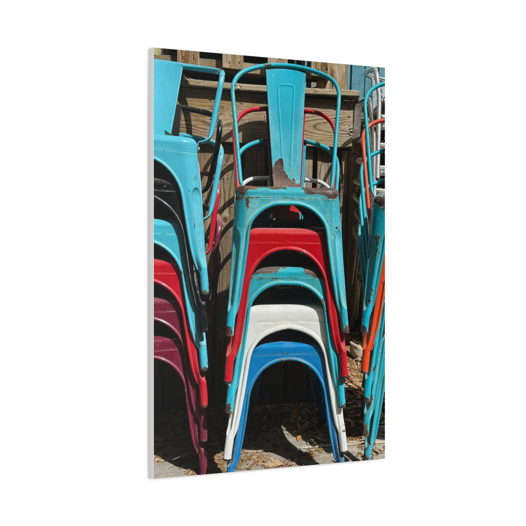 Stacked Metal Chairs Canvas Print — Colorful Retro Seating Wall Art